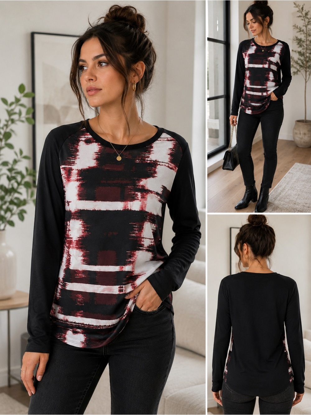 Apt. 9 Black and Red Long Sleeve Graphic Raglan Tee